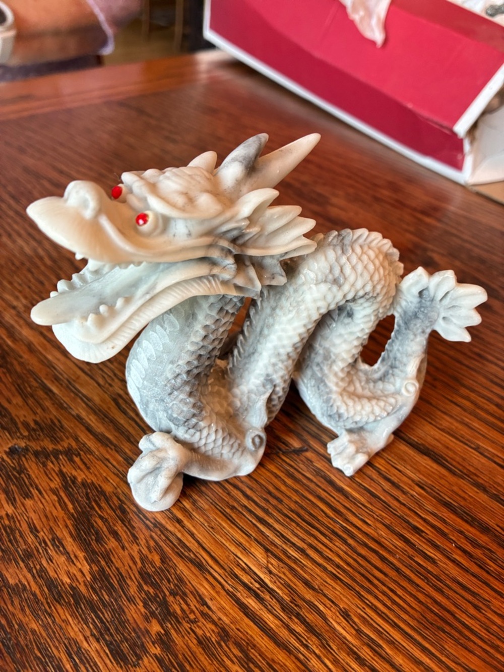 Gray and White Dragon Figurine with Red Eyes - 4 inches long